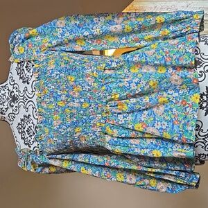 Birds of Paradis Floral Smocked Women's Top - Blue/Yellow